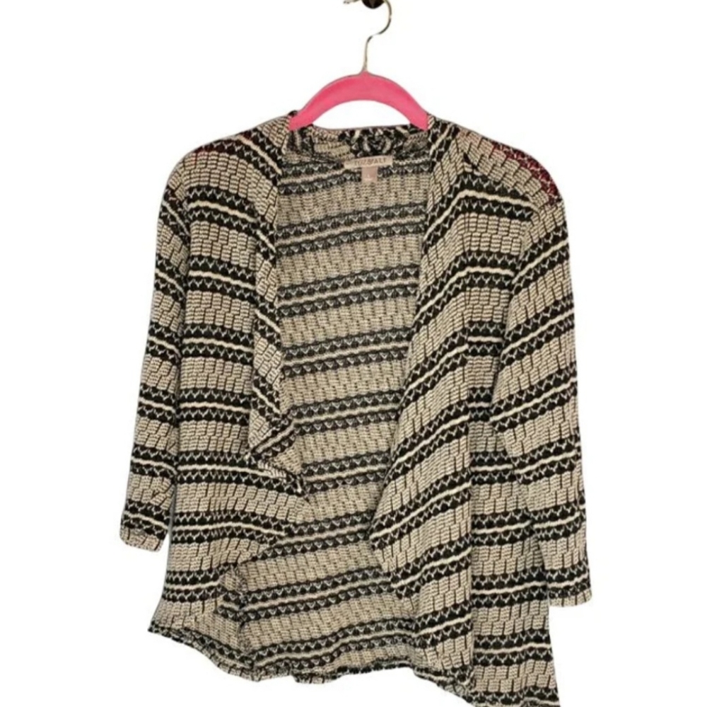 Roz and Ali open cardigan black tan stripes large 3/4 sleeves